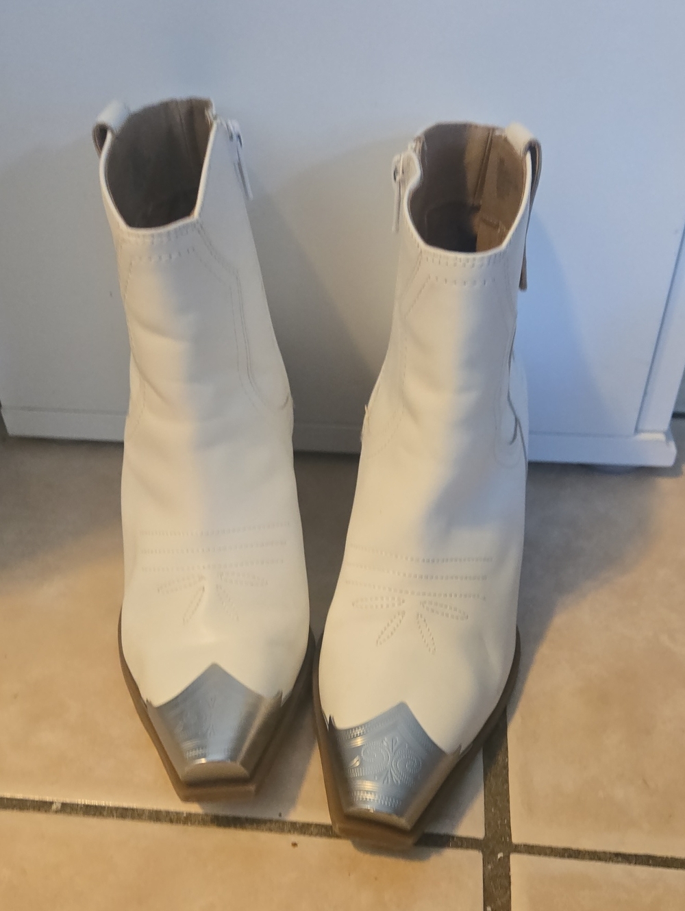 White Women's Ankle Booties with Silver Toe Accent